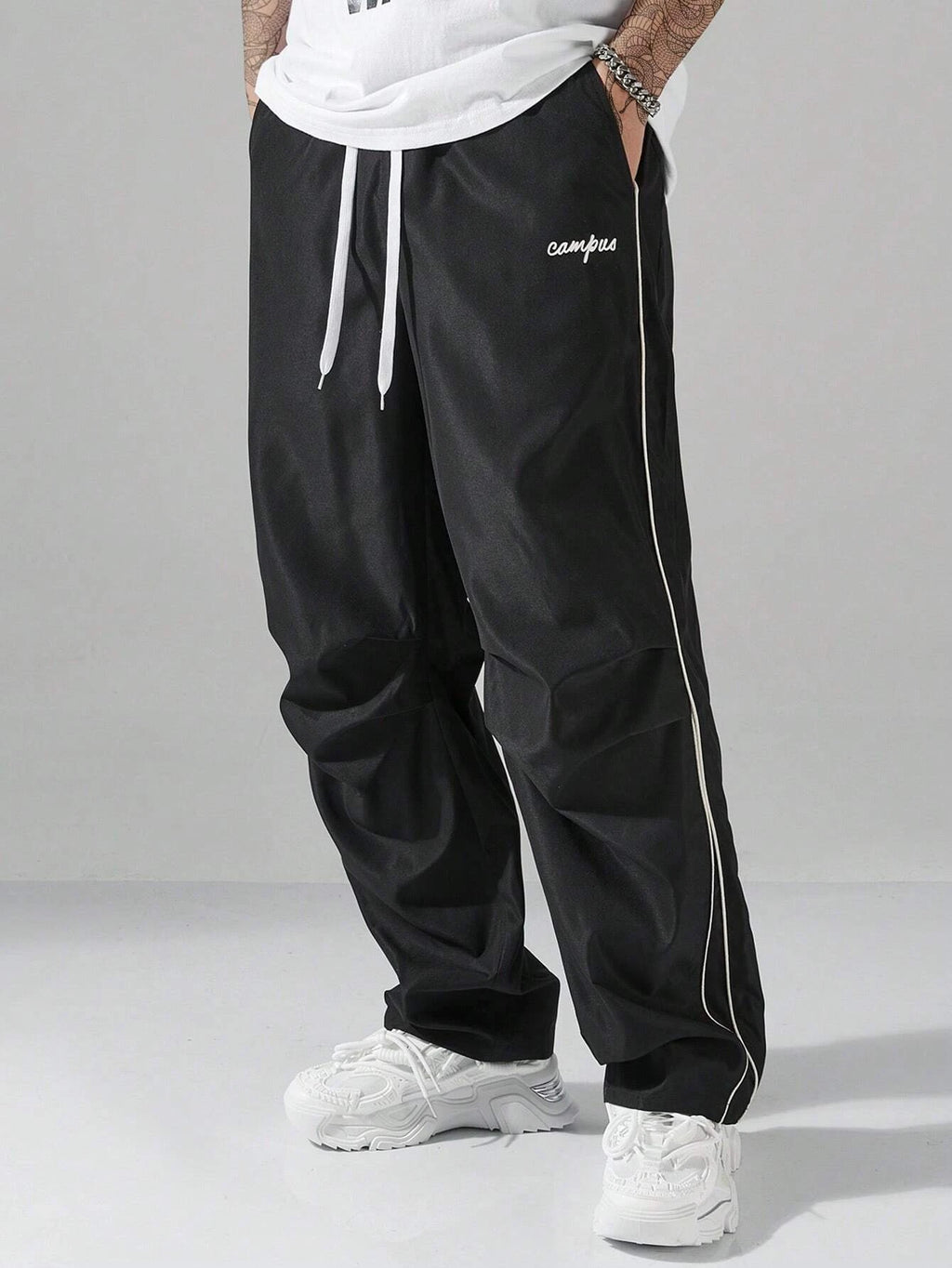 Larbulse Men Contrast Trim Trouser Fashion Casual Pants Solid Color Breathable Loose Straight Drawstring Pants Streetwear