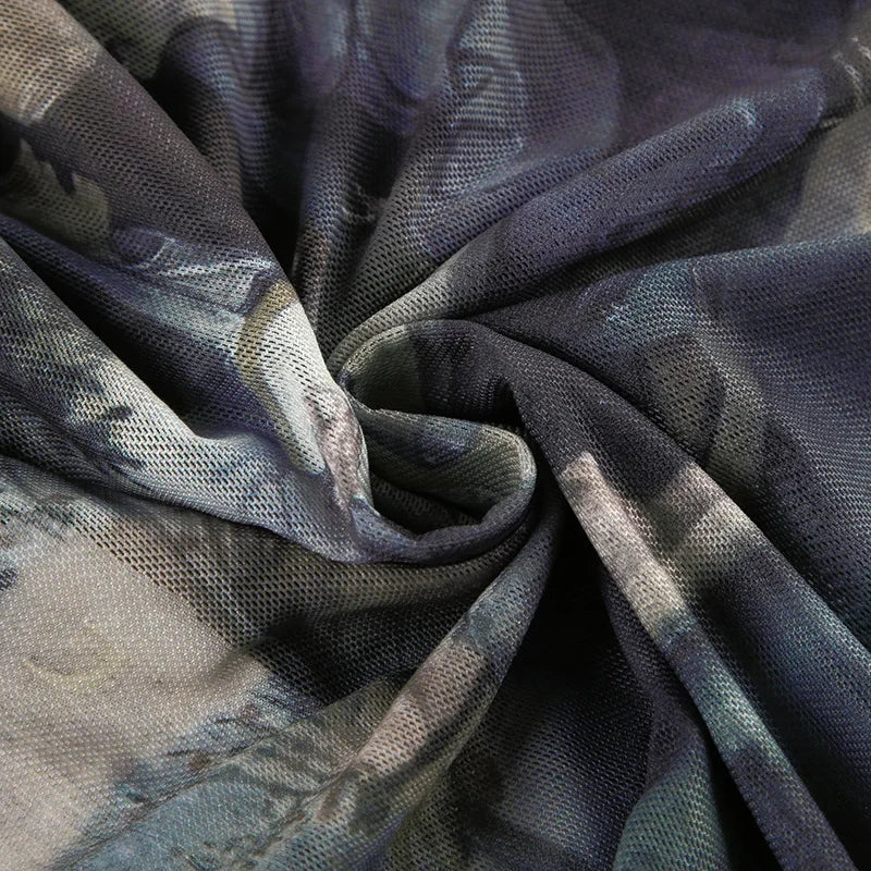 Goth Dark 90s Retro Print Mesh Long Sleeve Skinny Bodysuits Cyber Y2K Sheer Tops Women Gothic Lace Patchwork Bodysuit Streetwear