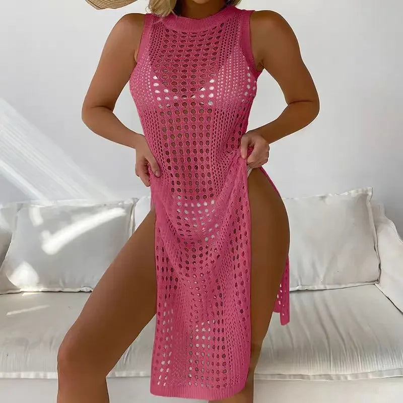 Women's holiday sexy cutout crochet cover swimsuit sleeveless bikini dress smock high slit beach knit solid swimsuit