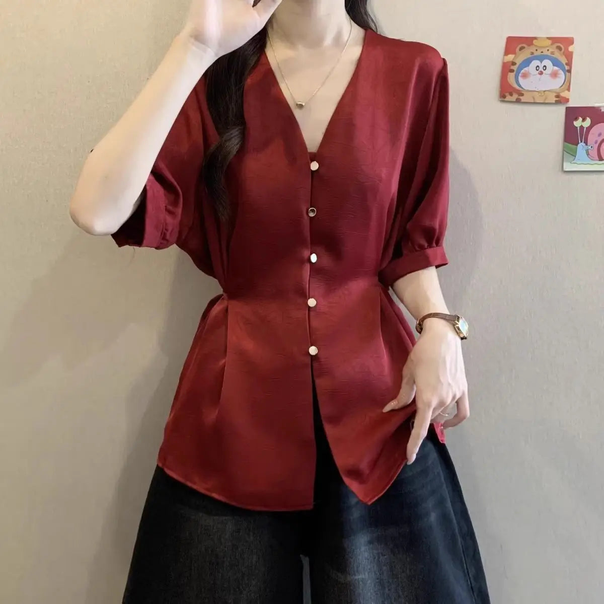 Women Clothes Summer Fashion Korean Button Solid Color V-neck Puff Sleeve Female Simplicity Elegant Temperament Short Sleeve Top