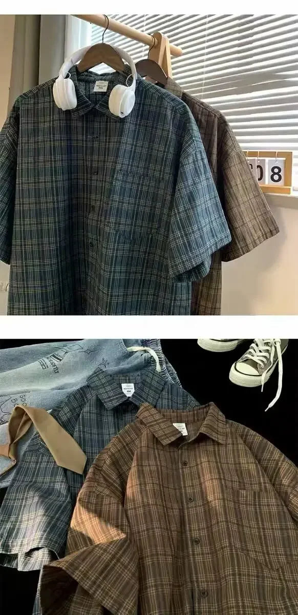 Japanese Vintage Plaid Short Sleeve Shirt Men's Streetwear Loose Fit High-end Feel Casual Stylish Versatile Half Sleeve Jacket