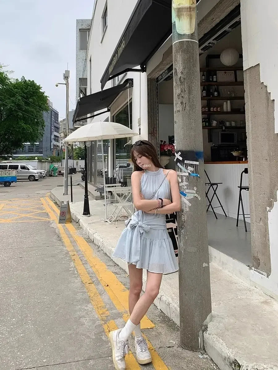 French Style Off-Shoulder Blue Summer Dress Women's Fashion Knot Waist A- Line Mini Skirt Black Short Skirt Sleeveless Gown