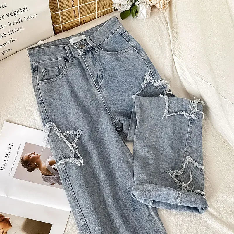 Street Style Embroidered High Waist Straight Leg Jeans Women's Autumn New Design Niche Loose Fit Long Trousers Fashionable
