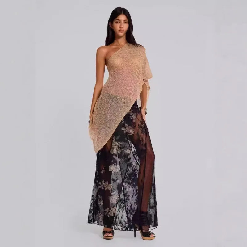 JadedLondon golden knitted hollowed-out one-piece top, neckband shawl, multiple ways to wear, vacation style halter top