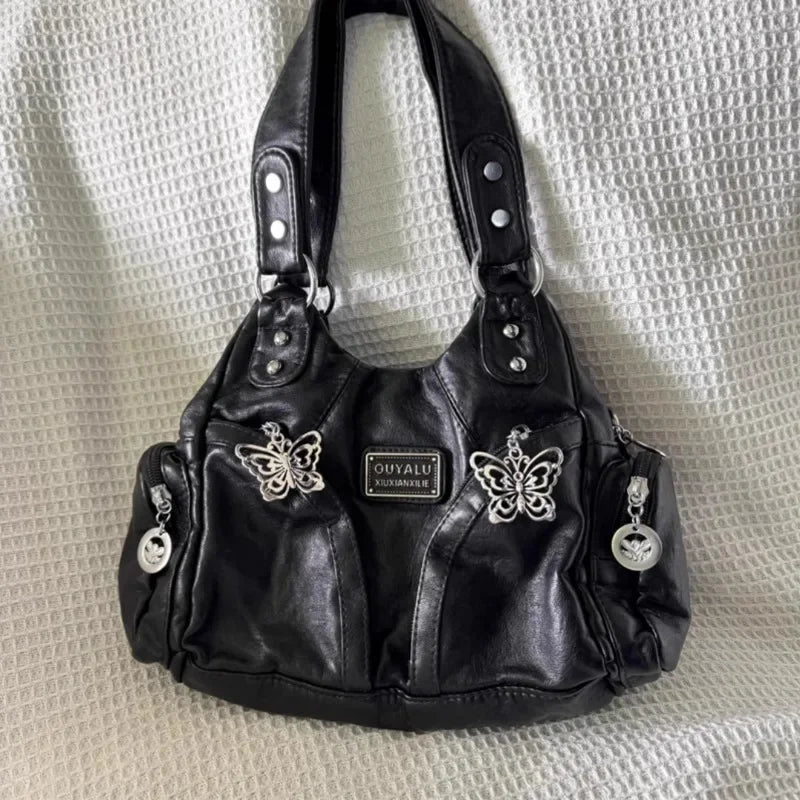 Xiuya Y2k Black Womens Shoulder Bag Gothic Original Advanced Fashion Tote Bag Large Capacity Leather Motorcycle Vintage Handbag