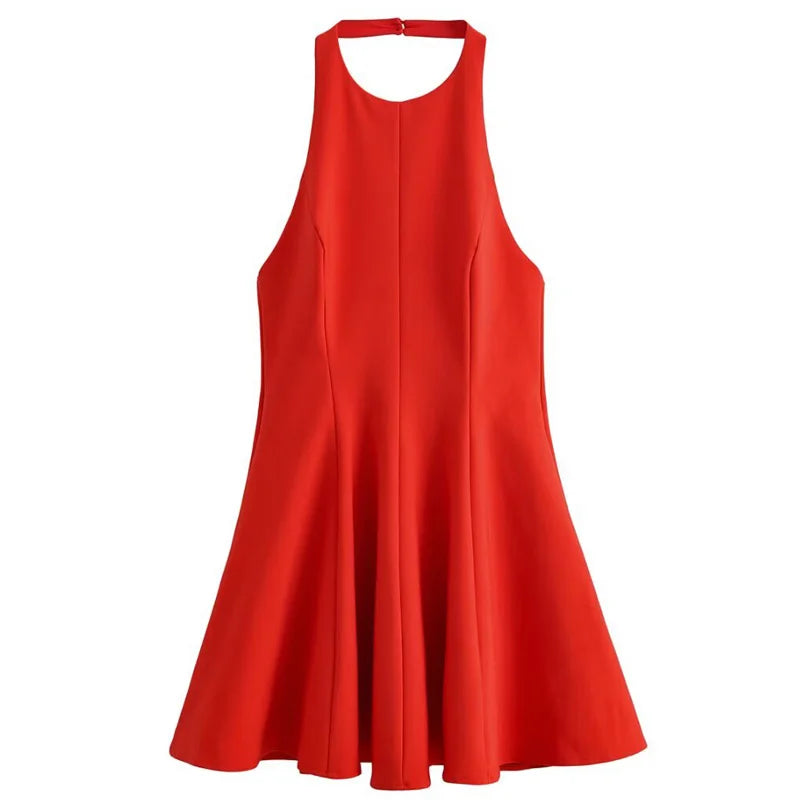 TRAF Halter Short Dress Womens Dresses Red Yellow Dress Woman Summer 2025 Ruffled Backless Sleeveless Vestidos Elegant Dress 066