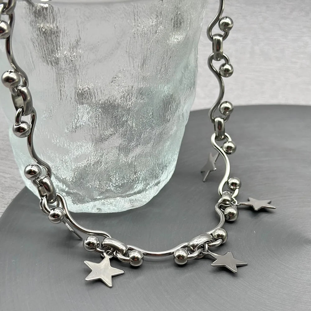 Grunge Fashion Stainless Steel Star Charms Wave Ball Chain Necklace for Women Y2K Harajuku Choker Layed Necklace Emo Jewelry