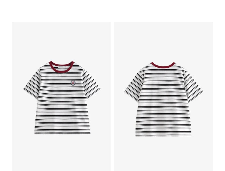TOYOUTH Women Striped Short Sleeved T-shirt 2024 Summer New Academy Style Round Neck Top