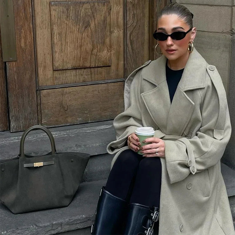 Urban Solid Double Breasted Long Women Coat Casual Full Sleeve Belt Double Breasted Female Jacket 2024 Autumn Winter Lose Lady