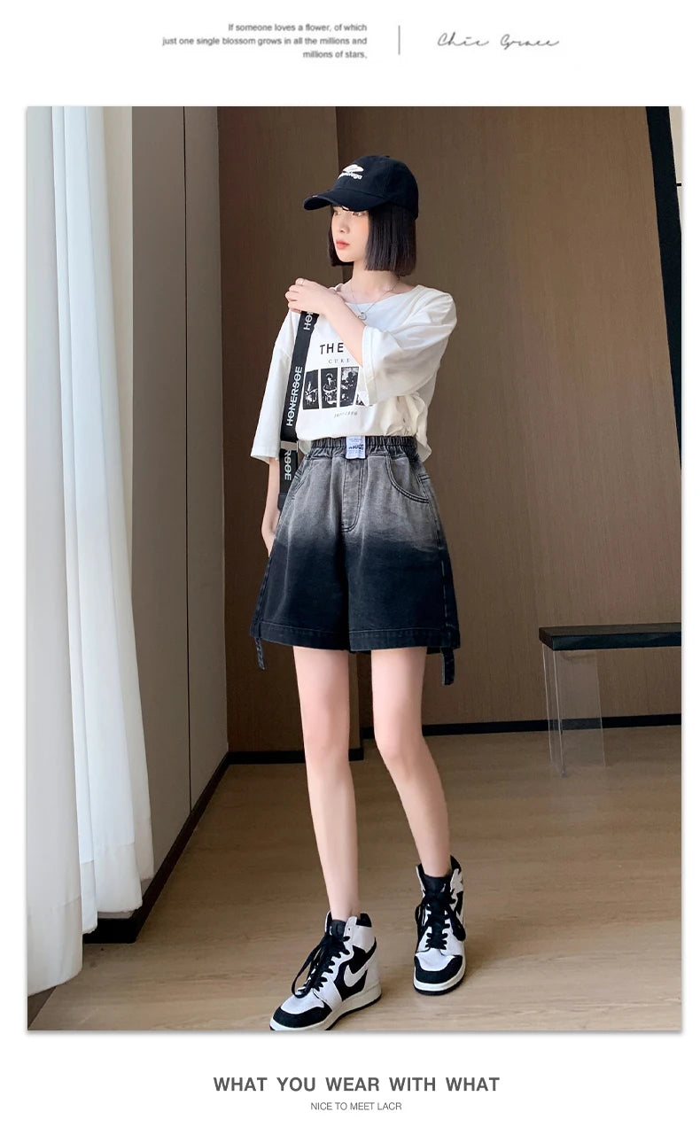 Gradient Plus Size Denim Shorts For Women Summer 2024 New High Elastic Waist Pockets Wide Leg Loose Jean Short Femme Hot Sale