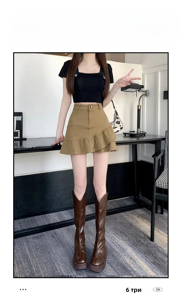 High Waist A-Line  Skirt Women's Spring Summer Denim f-length Skirts with Lace Hemline Cotton Polyester Blend