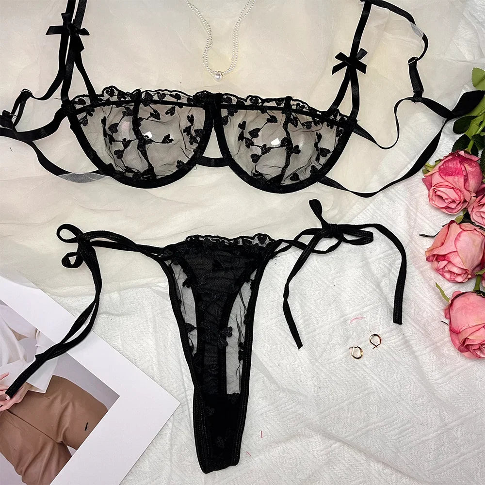 Transparent Floral Sexy Bra And Panties Set Lace Lingerie Set Ultrathin Bra Briefs Set Solid Erotic Lingerie For Women