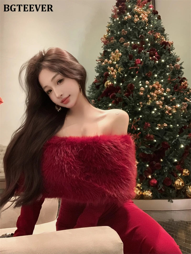 BGTEEVER Autumn Winter Fashion Slash Neck Ladies Skinny Package Hip Sweater Dress Elegant Long Sleeve Female Slim Knitted Dress