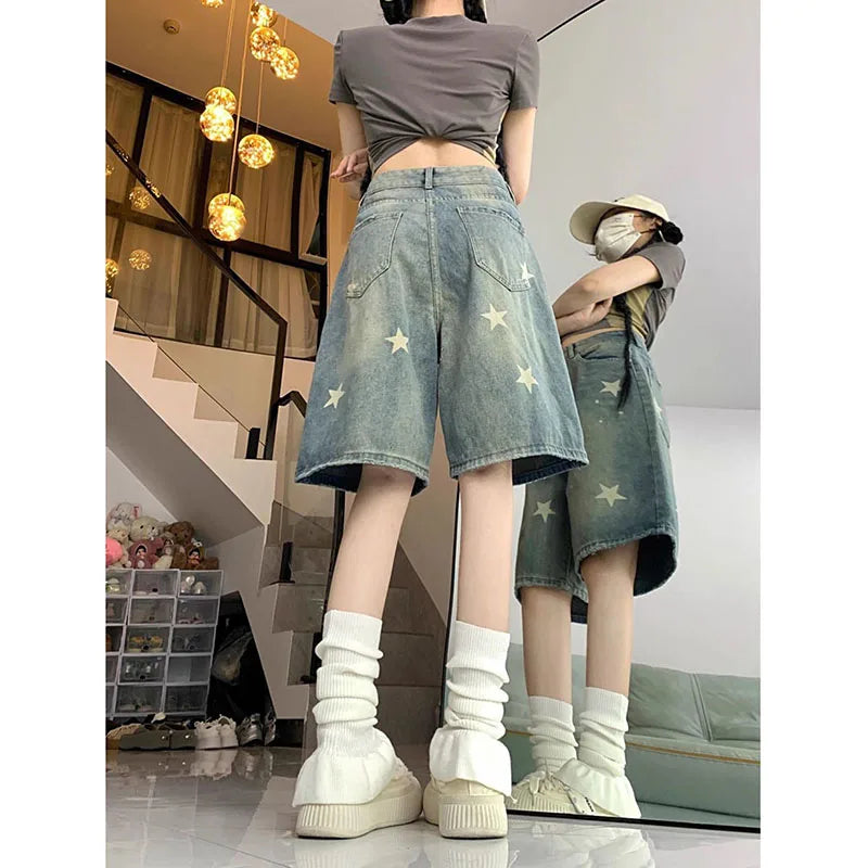 American Style Vintage Women's Short Jeans High Waisted Washed Wide Leg Denim Pants Woman Fashion Do Old Star Knee Length Shorts