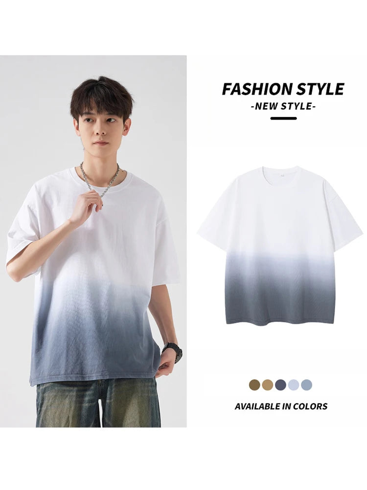 Men's Gradient Dyeing T-shirts 230Gsm Cotton Korean Vintage Street Style Oversized Tees Short Sleeve Loose Fit Basic Tops