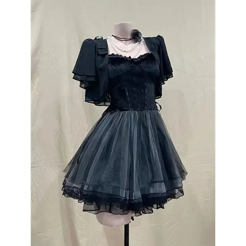 Gothic Vintage Y2k Lolita Style Dress Sets Women Sweet Short Cardigan Slim Retro Mini Skirt Korean Fashion Party Suit Chic