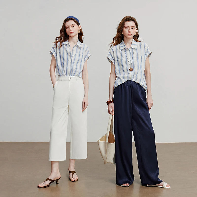 TOYOUTH Women Blouse Shirt 2025 Summer New Blue and White Striped Sleeveless Turn Down Collar Casual Shirt Tops 8522042