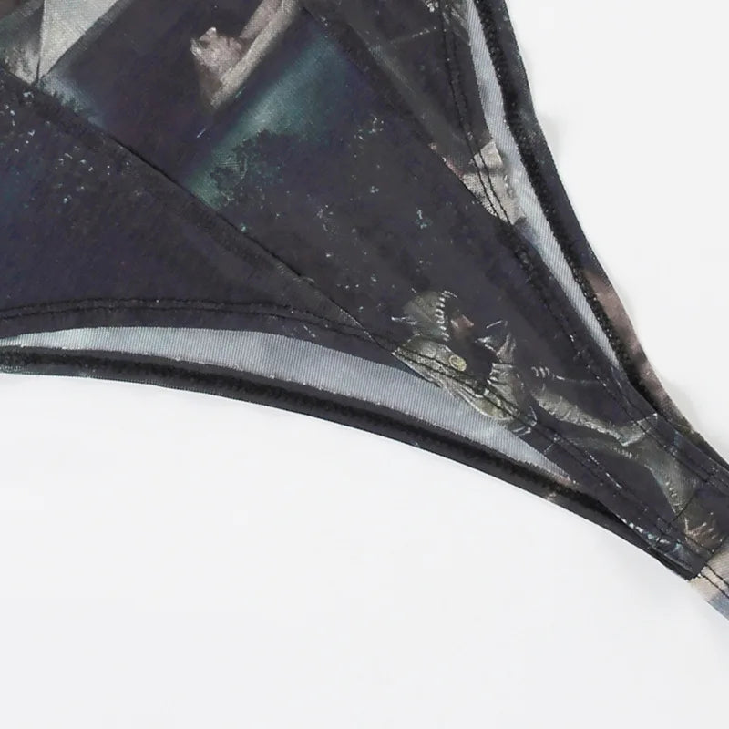 Goth Dark 90s Retro Print Mesh Long Sleeve Skinny Bodysuits Cyber Y2K Sheer Tops Women Gothic Lace Patchwork Bodysuit Streetwear