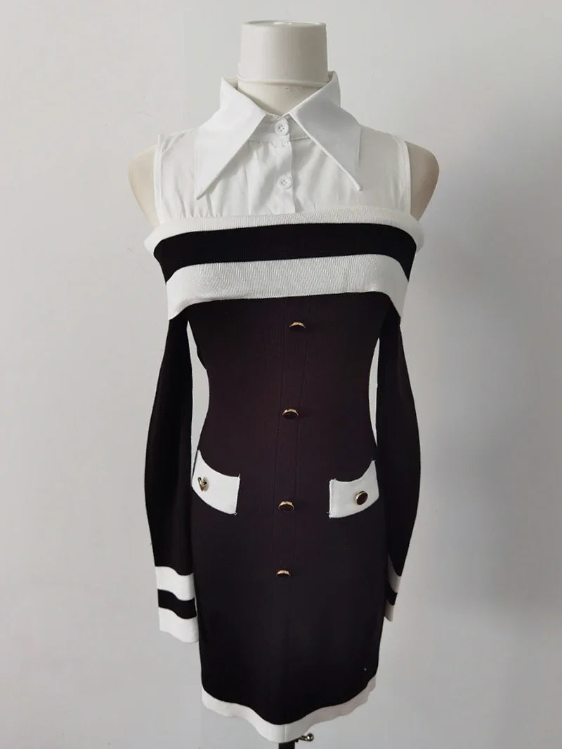 Hot Girl Off Shoulder Long-sleeved Knitted Dress Women's Autumn Fake Two-piece Shirts Spliced Sexy Wrapped Hip Short Dress