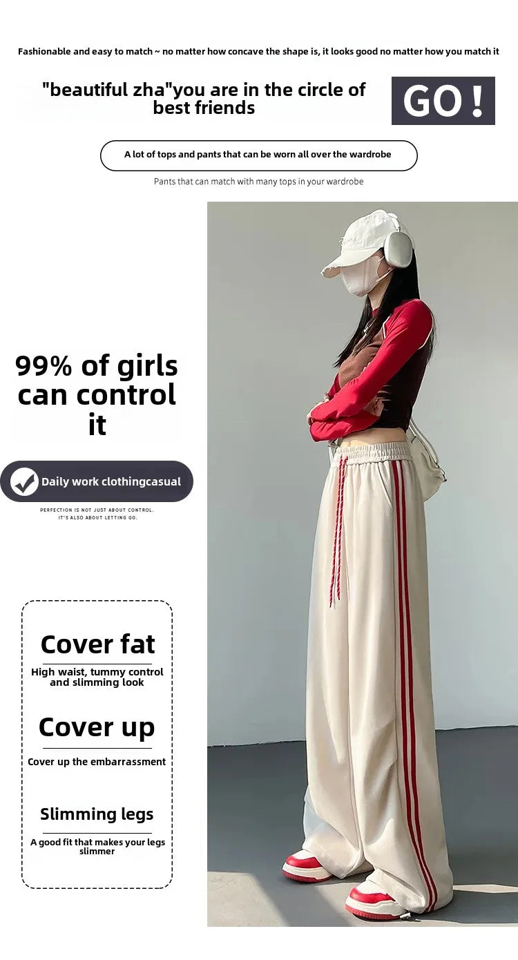 New 2025 American Stripe Sports Pants Women's Spring Autumn Wide Leg Loose Jazz Dance Casual Parachute Long Trousers