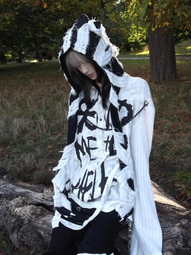 Punk Handwritten Hoodie Sweatirt fiti Print Adjustable Strap Youth Faion Loose Fit Polyester Spring Autumn ex