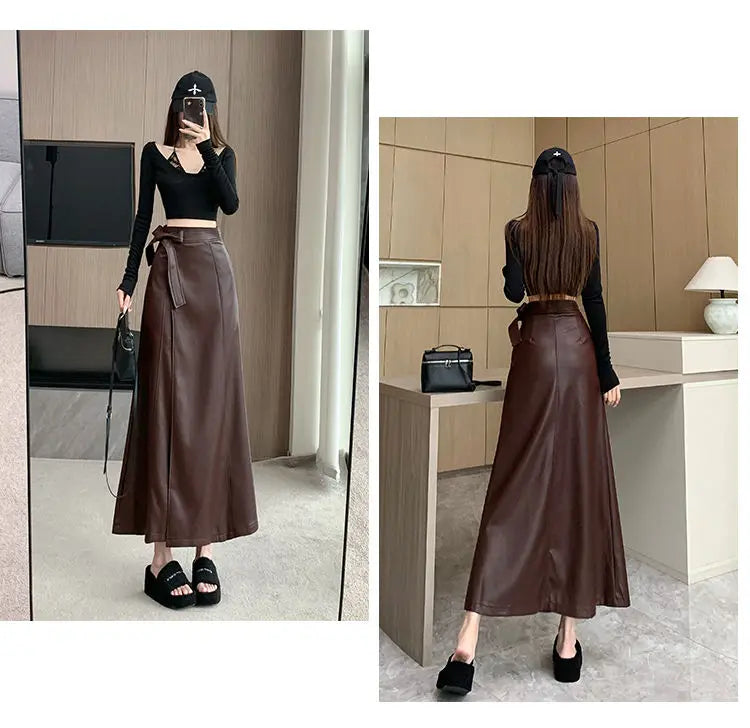 Women Clothing Autumn Winter Vintage Elegant Lace-up PU Leather Long Skirts Female Red High Waist Slim A-line Maxi Skirt Faldas