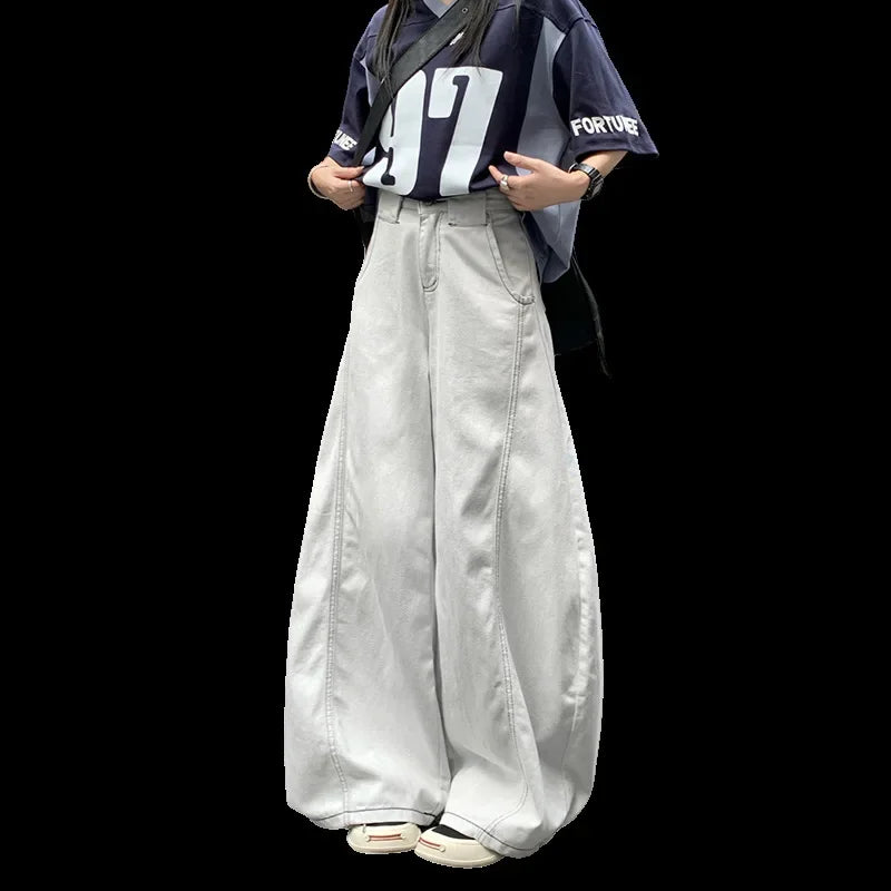 Men's Summer High Waist Straight Leg Jeans Slimming Loose Wide Leg Pants Retro Knife Edge Design Casual Fashion