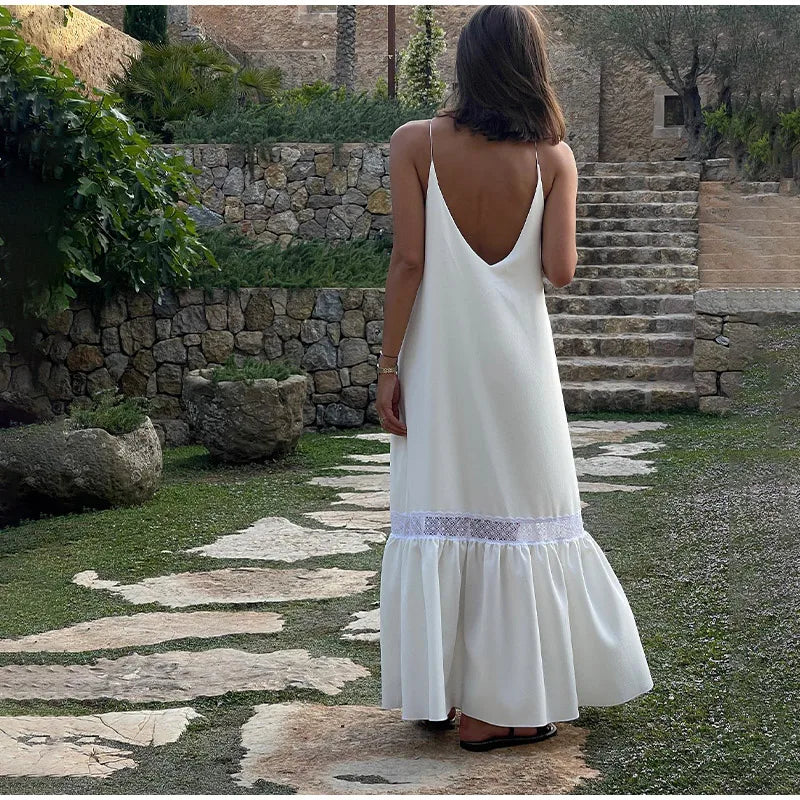 Elegant Women's Solid Backless Pleated Dress Fashion Patchwork Sleeveless Backless Long Dresses Lady Summer Holiday Beach Robes