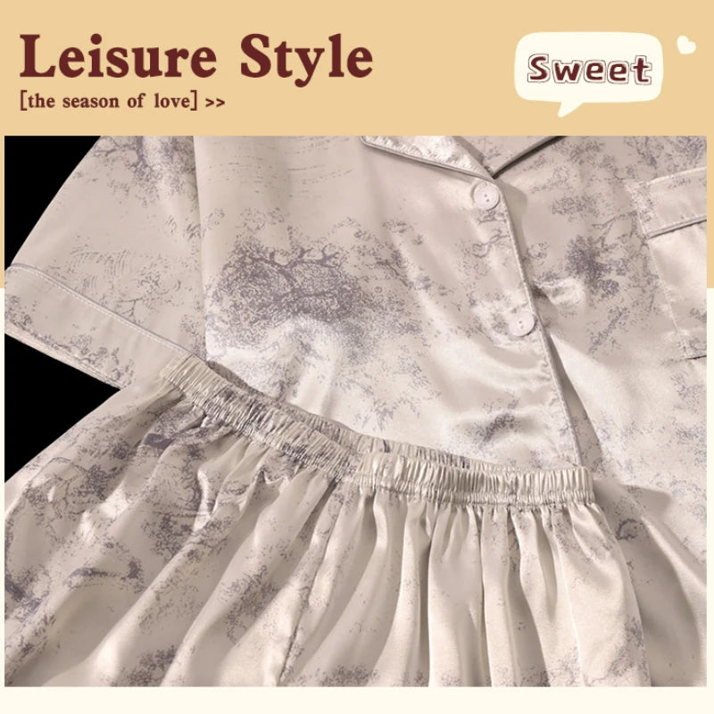 Women's 2pcs Cute Print Short Sleeve Button Top and Shorts Pink Sleepwear Soft Comfy Homewear Casual Loungewear Pajama Set