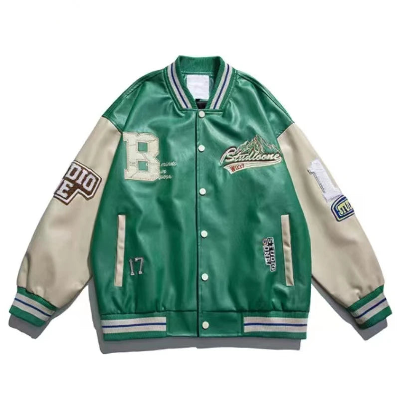 American retro letter embroidery leather Jacket Coat women's Y2K street hip-hop trend baseball suit couple casual leather jacket