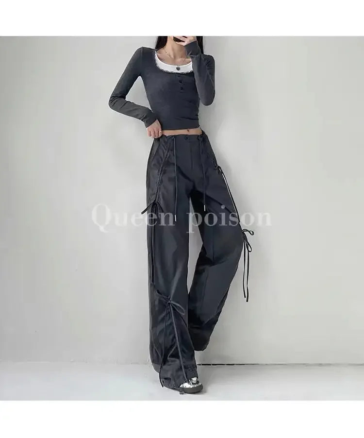 American Style Women's Summer Cargo Pants With Bowmint Green Drawstring Casual Bell Bottoms New 2024 Fashion Trend Long Pants