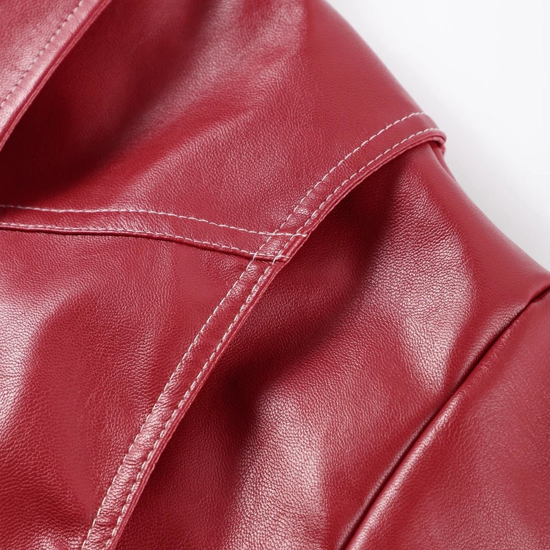 Fashion Green PU Leather Jacket Women Laple Zipper Loose Full Sleeve Single Breasted Cropped Coat 2024 New Lady Solid Streetwear