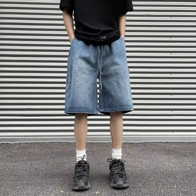 Fashionable Loose-fit Straight-leg Denim Shorts Simple Solid Color Casual Versatile Men's Five-point Pants