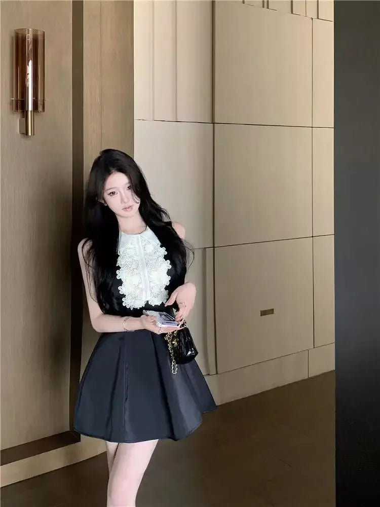 French Style Lace Doll Collar Vest Dress Women Summer Mini Skirt Waist Cinching Sleeveless Black Dress Polo Neckline Polyester F