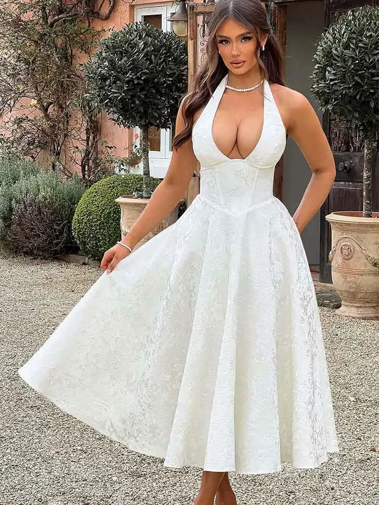 NIDANSSI White Jacquard Pleated Evening Party Dress Women Robes Backless Elegant Sexy Dress Bodycon Long Summer Dress Vestidos