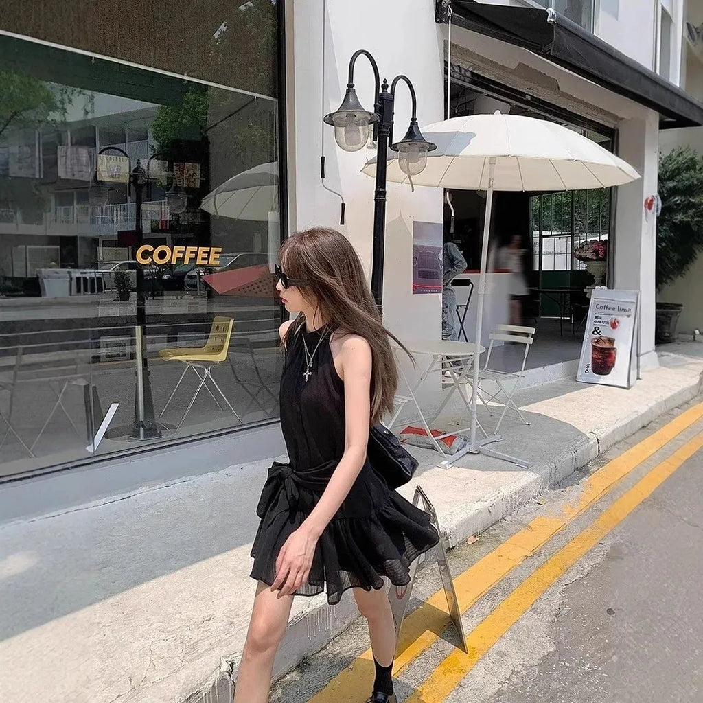 French Style Off-Shoulder Blue Summer Dress Women's Fashion Knot Waist A- Line Mini Skirt Black Short Skirt Sleeveless Gown