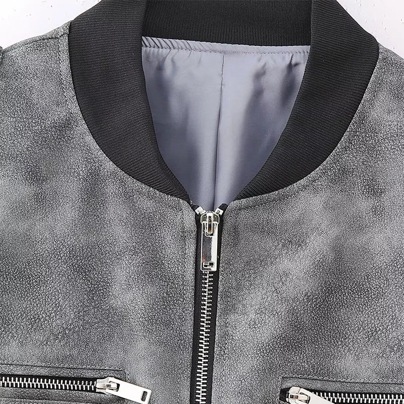 2025 Autumn Women's Leather Jacket, Personalized Street Style Women's Casual Round-neck Zipper Flight Commuting Jacket