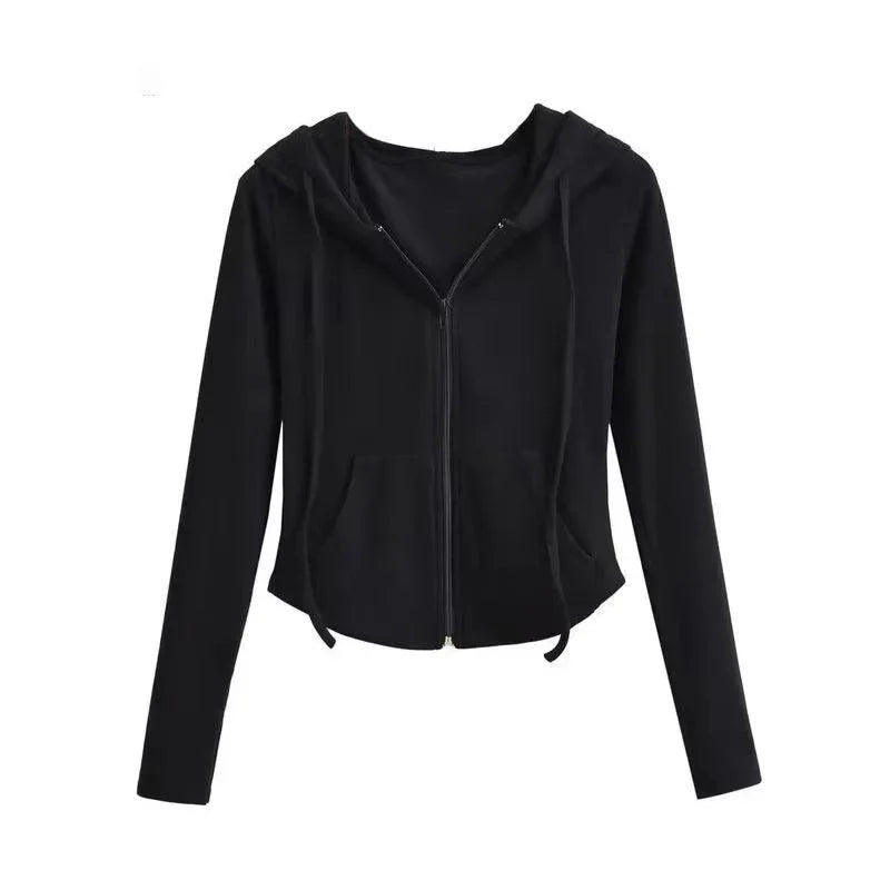 Spicy Girl Style Hooded Cardigan Sweatshirt Women's Spring Autumn Slimming Long Sleeve Cropped Top Trendy Waist-fitted