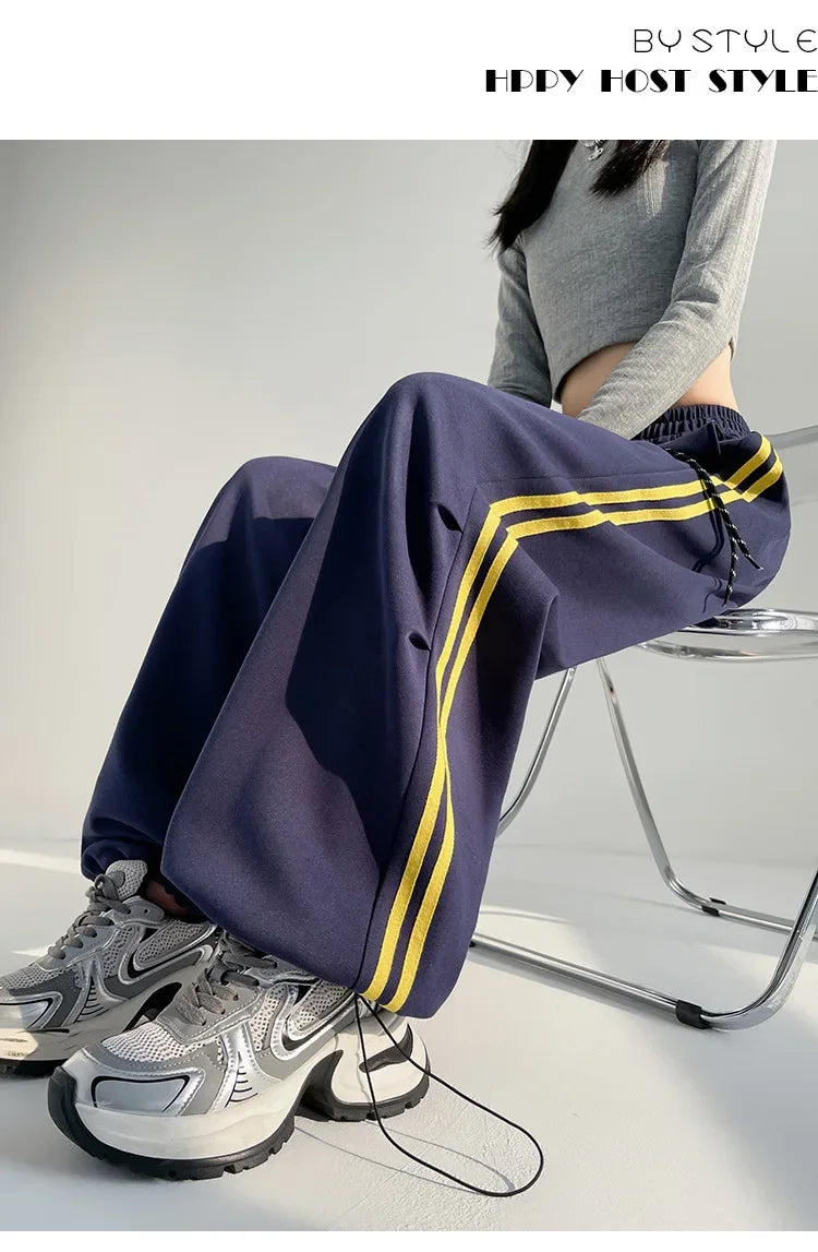 New 2025 American Stripe Sports Pants Women's Spring Autumn Wide Leg Loose Jazz Dance Casual Parachute Long Trousers