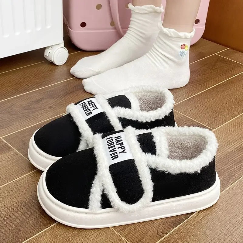 Thick-Soled Cotton Slippers For Women Winter Indoor Home Use Non-Slip Fleece-Lined Warm Cotton Shoes Outerwear Winter
