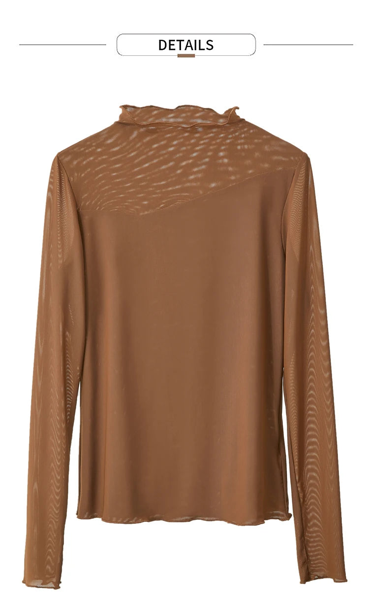 Amii Minimalism Mesh T-shirts For Women 2025 Spring New Office Lady Half-high Neck Micro Perspective Slim Retro Shirt 12423055