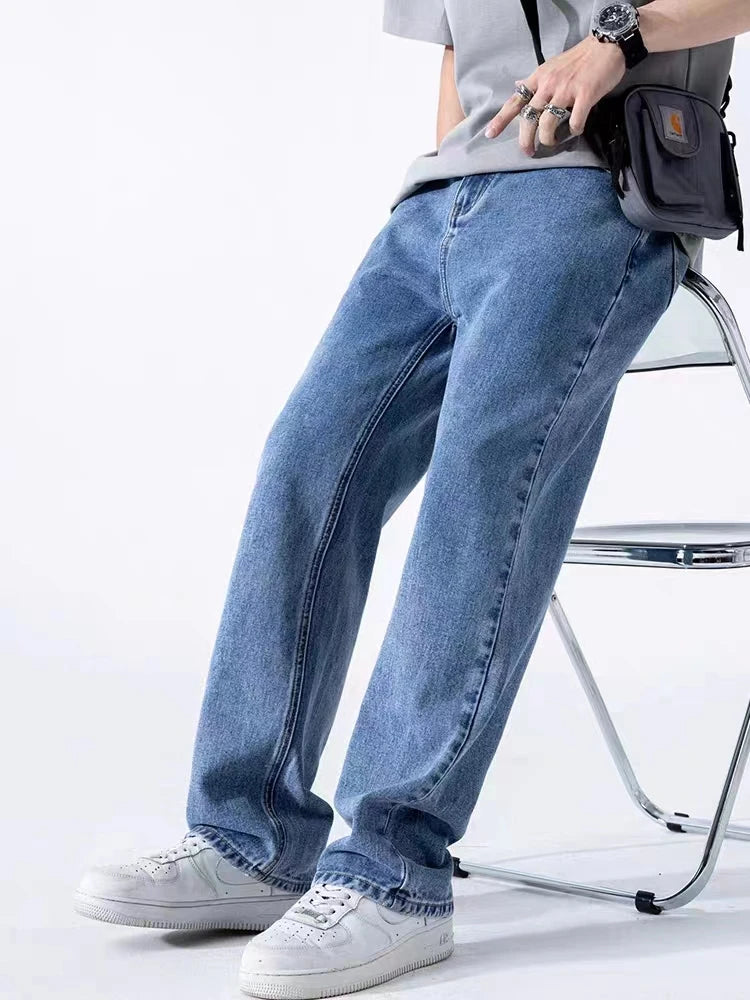 Spring Autumn Men's Jeans Straight Denim Pants Banding Waist Cotton Streetwear Wide Leg Loose Casual Blue Long Jeans Trousers