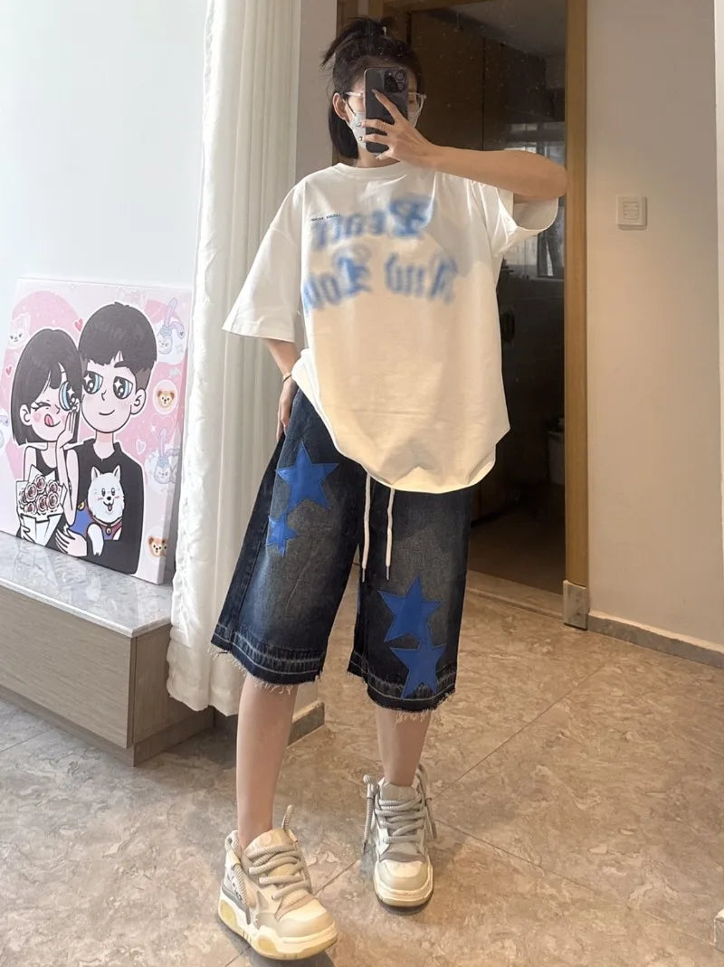Street Trendy Brand Loose Straight Cropped Pants Women American Retro Star Embroidered Denim Shorts Hip Hop Dance Clothing Men