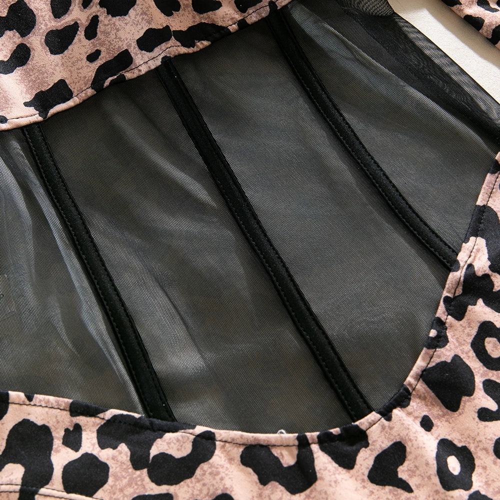 Yimunancy Leopard Print Women Mesh Bodycorn Bodysuit Long Sleeve Sexy Bodysuit Stand Colloar Body Femme