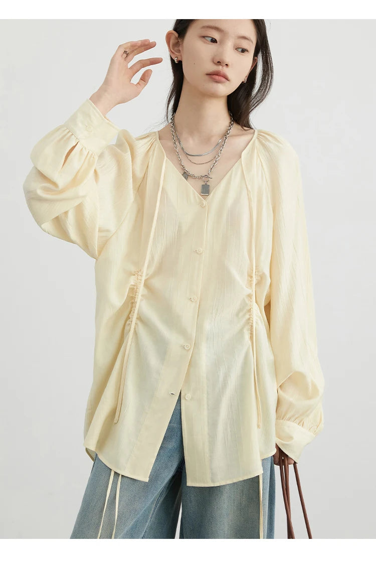 CHIC VEN Women Loose Lace Up Shirt Solid New Korean V-neck Pleated Raglan Long Sleeved Blouses Female Tops Spring Summer 2025