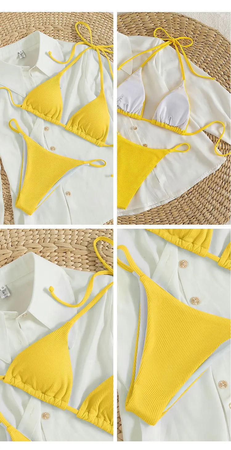 2025 Special Pit Stripe Fabric Bikini Set Women Sexy Simple Solid Halter Bikini Swimsuit High Waisted Lace Up Beach Bathing Suit