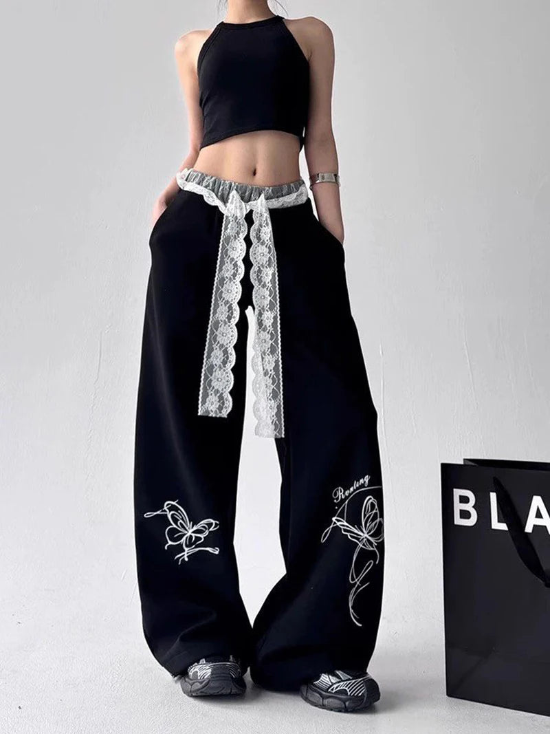 Zoki Vintage Bufferfly Y2K Sweatpants Women Loose High Waist Lace Patchwork Pants Streetwear Retro Casual Bf Harajuku Trousers