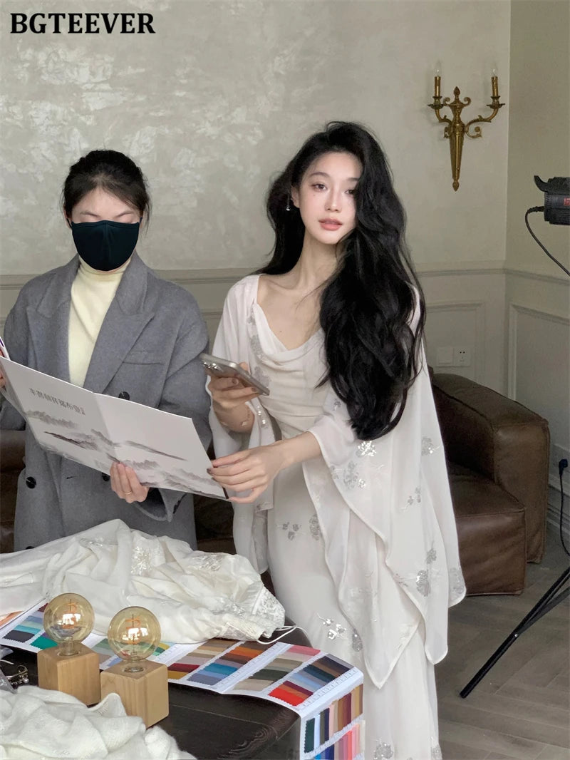 BGTEEVER Autumn Winte Slim OL Embroidery Set Long Sleeve Cardigans & Spaghetti Strap Package Hip Dress Ladies 2 Pieces Set