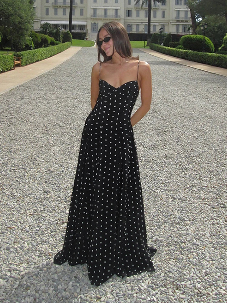 Retro Polk Dot Long Dress With Ribbon Women Sexy Low Cut Sleeveless Pleated Slim Evening Dresses Female Spring Chic Street Party