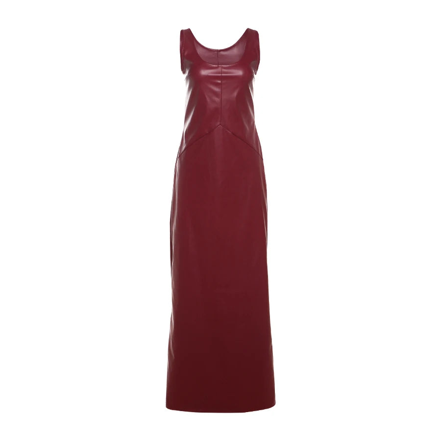 Nibber Vintage Elegant Dress Women Summer Leather Classic Sleeveless Slits Basic Simple Trend Solid Stretch Party Long Bodycon